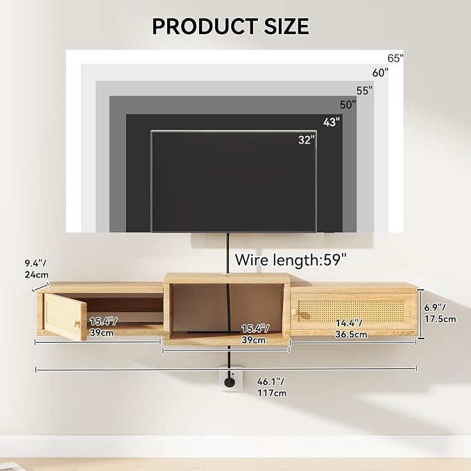 IBUYKE Modern Rattan Floating TV Stand with Doors,Wall Mounted TV Shelf for TVs up to 55 Inches,Media Console Entertainment Center for Under TV Storage Cabinet for Living Room Bedroom,Natural UWST012N - Image 3