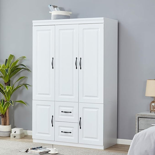 Wooden Armoire Wardrobe Closet with 3 Doors, Tall Wardrobe Closet with 2 Drawers, Armoires and Wardrobes with Hanging Rods and Shelves, Large Capacity Storage Cabinet for Bedroom White