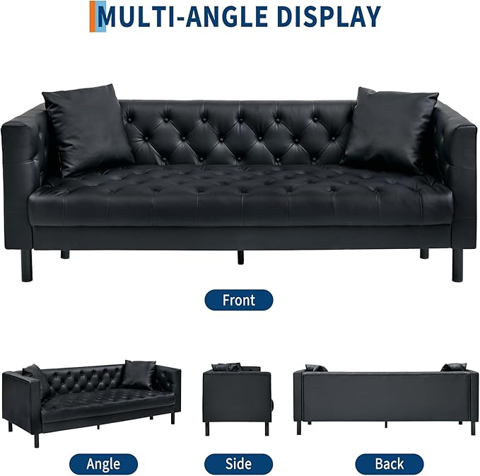 GarveeHome 78" Leather Couch for Living Room, Button-Tufted 3 Seater Sofa with 2 Pillows and Deep Seat, Modern Mid-Century Leather Sofa for Apartment, Office