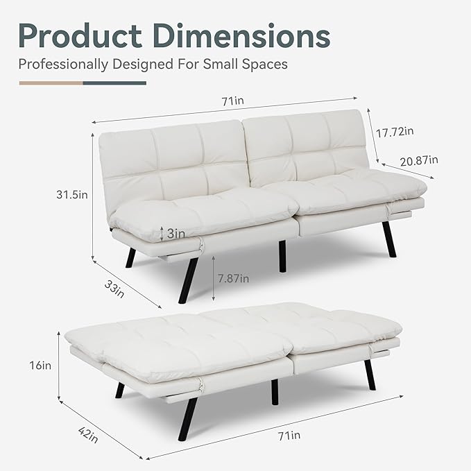 Futon Sofa Bed Convertible Couch, White Faux Leather Sofa Bed with Memory Foam, Adjustable Backrest & Armrests, Multifunctional Small Loveseat Sleeper Sofa for Living Room, Apartment, Office