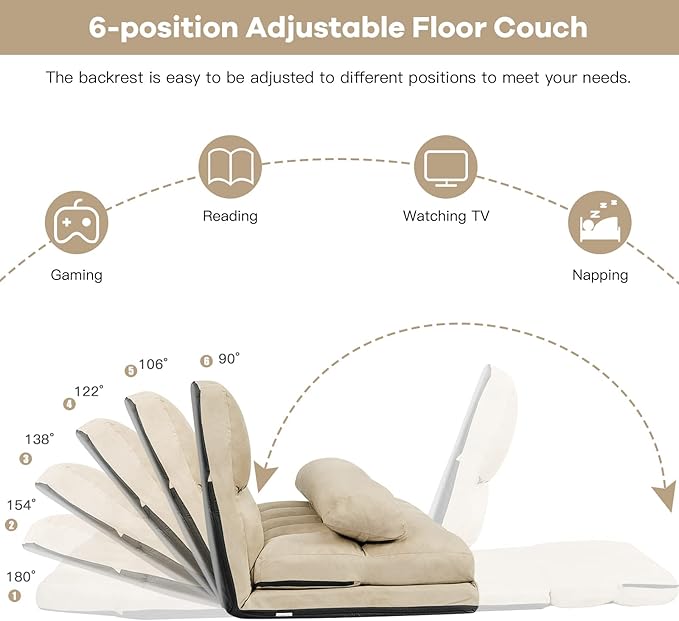KOMFOTT Adjustable Floor Sofa Bed, Foldable Lazy Sofa Sleeper with 6 Position Backrest & 2 Pillows, Convertible Futon Couch with Suede Cloth Cover, Lounge Recliner for Living Room
