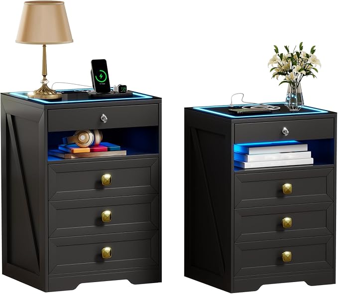 WOOVIVS Night Stand Set 2 with Gun Drawer for Bedroom, Modern Nightstand with Wireless Charging Station for Livingroom (Black) by WOOVIVS