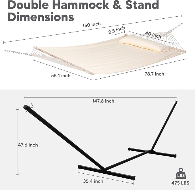 SUNCREAT Hammocks Extra Large Double Hammock with 12 ft Stand, 475lbs Capacity, Outdoor Portable Hammock with Hardwood Spreader Bar, Extra Large Pillow, Beige - Image 4