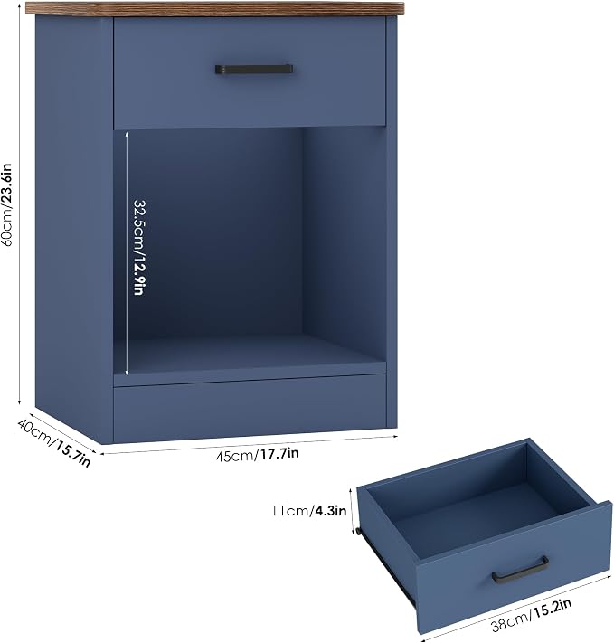 FOTOSOK Nightstand, 2-Tier Side Table with Drawer and Storage Shelf, Bedside Table End Table, Modern Night Stand for Bedroom, Home Office, Blue - Image 3