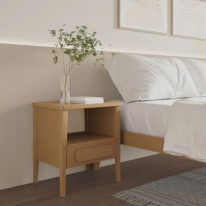 Modern Nightstand, Sustainable Hevea Wood Frame - Bedside Table - Solid Wood End Table with Ball Bearing Slide - Drawers Real Wooden Cabinet Organizer for Bedroom (Light Oak) - Image 7