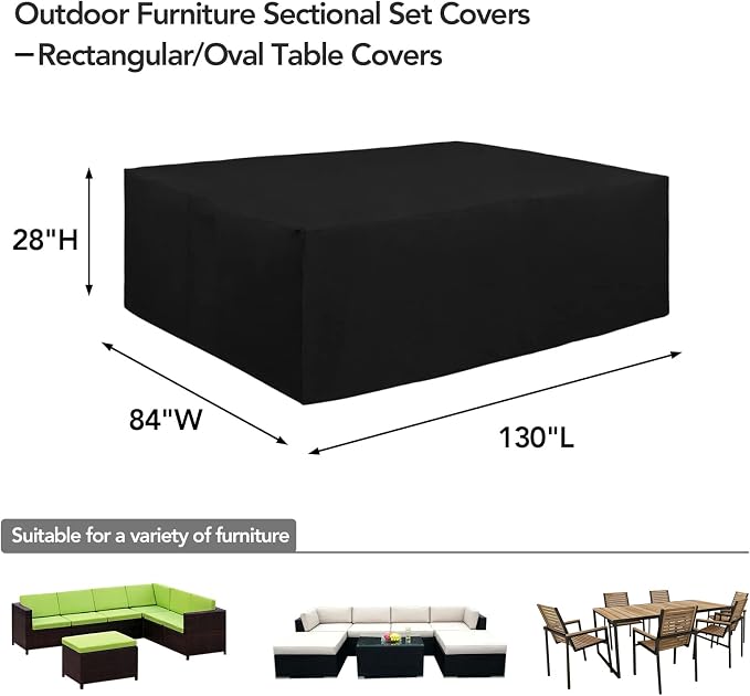 Easy-Going 600D Heavy Duty Patio Furniture Cover, Outdoor Rectangular Table and Chair Set Cover, Waterproof Outdoor Sectional Set Cover (130" L x 84" W x 28" H, Black) - Image 2