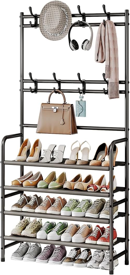 4 Tier Coat and Shoe Rack Entryway Coat Rack with 8 Hooks Shoes Organizer for Living Room Bedroom Office Brown by YIZAIJIA