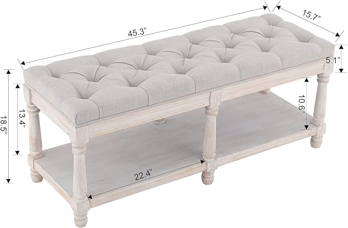 Farmhouse Storage Bench Wooden Entryway Upholstered Tufted Ottoman Bench for Bedroom End of Bed Hallway Organizer, Beige - Image 2