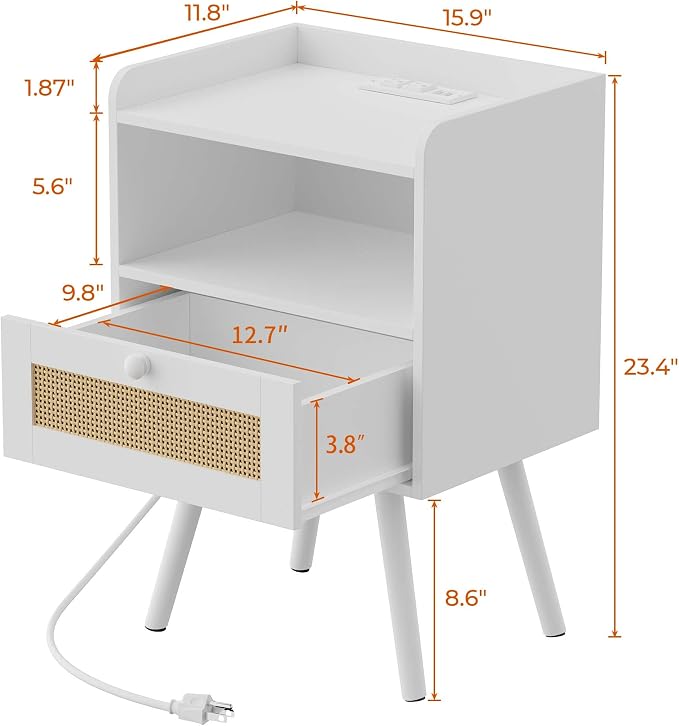 SUPERJARE Nightstands with Charging Station, Bedside Table Set of 2 with PE Rattan Drawers, Rattan Side Table with Storage & Solid Wood Feet, End Table for Bedroom, White - Image 3