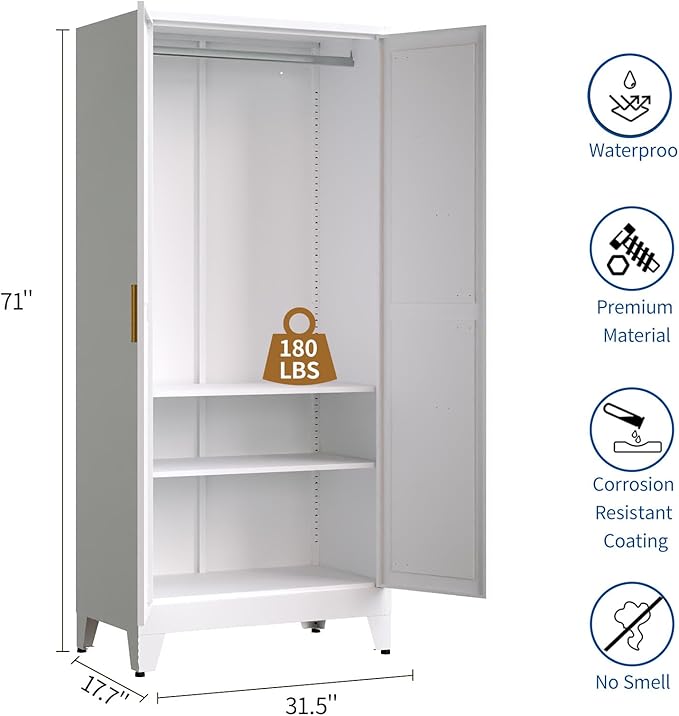 71" Heavy Duty Steel Armoire Wardrobe Closet, White Metal Clothing Storage Cabinet with 2 Magnetic Doors & Adjustable Shelves, Waterproof Hanging Rod Cabinet for Bedroom Gym Laundry Room