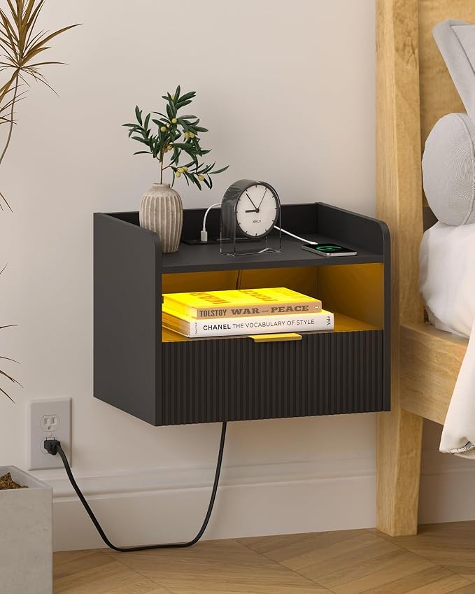 Veegle White Floating Nightstand with Charging Station and LED Lights (Black) by Unknown