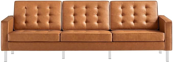 Modway Loft Tufted Button Faux Leather Upholstered Sofa in Silver Tan