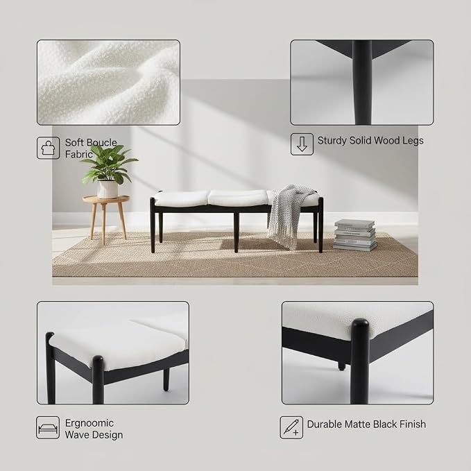 DUOMAY 55'' Modern Ottoman Bench, Chenille Upholstered Entryway Bench Bedroom Bench with Wood Legs, End of Bed Bench for Bedroom, Living Room, Corners, Kitchen, White - Image 3