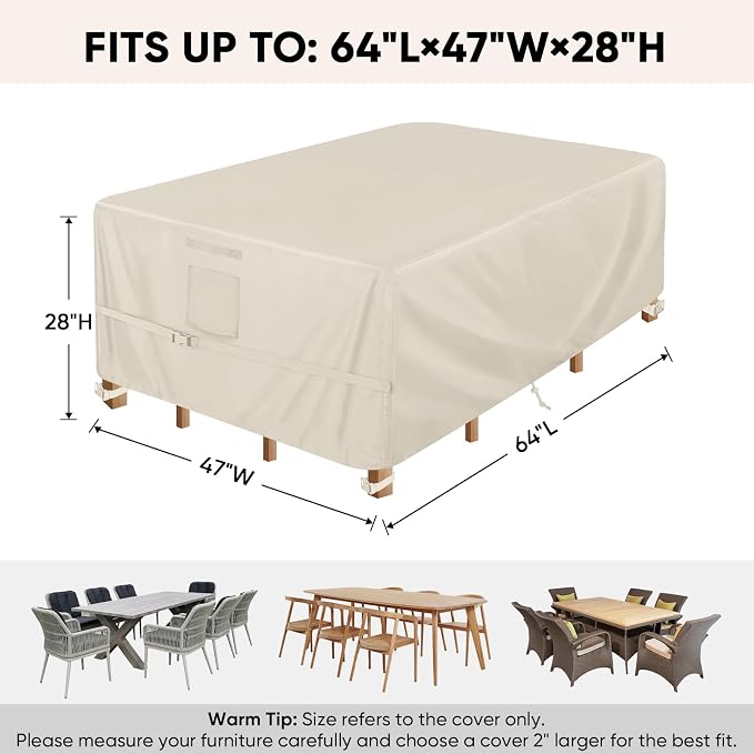 BALEINE Patio Furniture Covers, Outdoor Furniture Covers Waterproof, Heavy Duty Oxford Patio Table Cover for Outdoor Table, Chair, Sofa, Desk (Beige 64"L×47"W×28"H) - Image 2