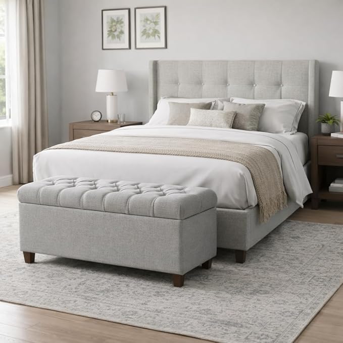 Homepop Home Decor Tufted Ainsley Button Storage Ottoman Bench with Hinged Lid Ottoman Bench with Storage for Living Room & Bedroom, Light Blue 18x40x18 Inches - Image 2