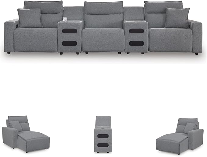 Signature Design by Ashley Modern ModMax II Stain Resistant 5-Piece Power Reclining Sectional with Adjustable Headrest and Built-in Speaker, Gray