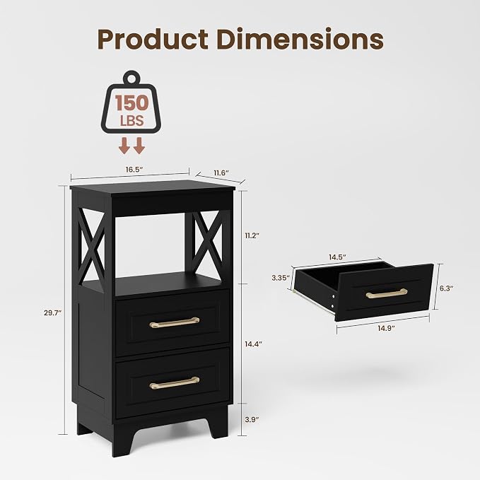 Tall Nightstand Set of 2 Side Table with 2 Drawers Modern Night Stand Wooden End Table Bedside Table with Upper Open Shelf Solid Feet for Bedroom Black - Image 3