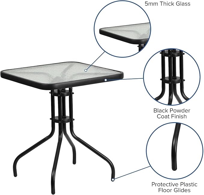Flash Furniture Barker 23.5" Square Indoor/Outdoor Tempered Glass Patio Side Table, Outdoor Patio Table for Commercial or Residential Use, Clear/Black - Image 4