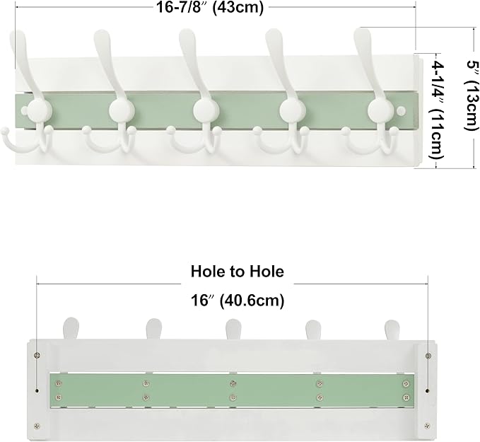 SKOLOO Coastal Wall Mounted Coat Rack - 16-7/8" Beach House Entryway Wooden Coat Hook with 5 Hooks for Hanging Coats, Hats or Towels, Oceanfront Cottage Core Collection, White & Green, Pack of 2 - Image 6
