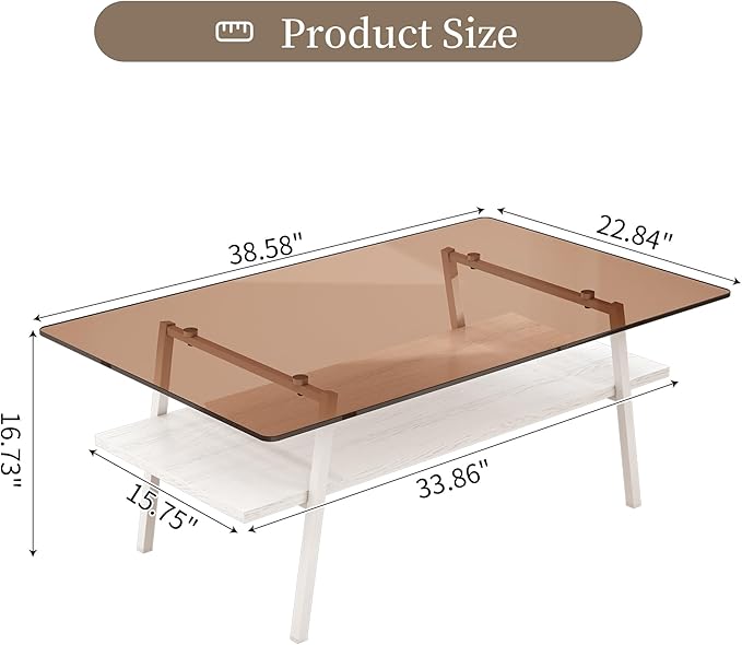 IANIYA Glass Coffee Table for Living Room Small Gold Mid Century Coffee Table for Living Room with Wood Shelves (White Frame, Brown Glass + White Wood)