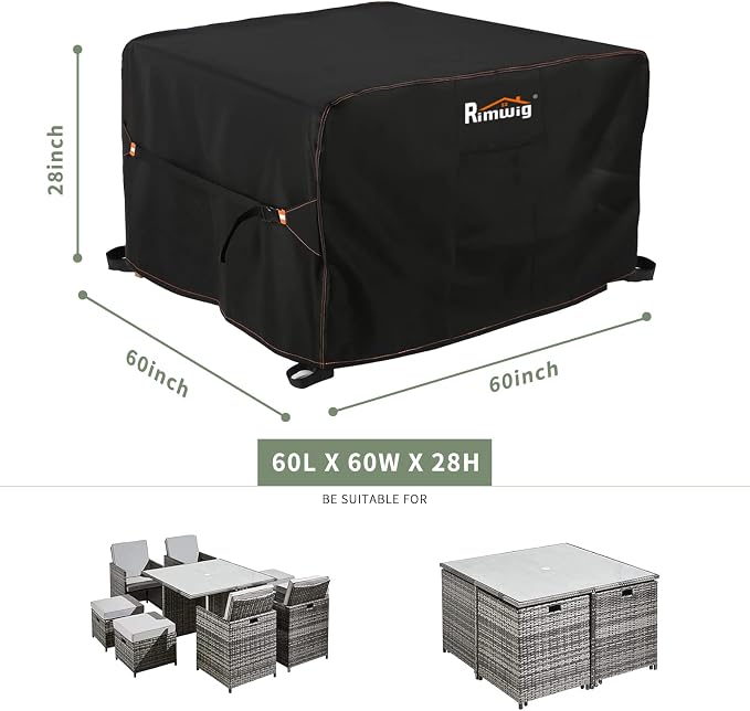Patio Furniture Set Cover Waterproof, Square Outdoor Table and Chair Set Covers, Heavy Duty Outside Weatherproof Garden Rattan Set Covers 60" L x 60" W x 28" H Black - Image 2