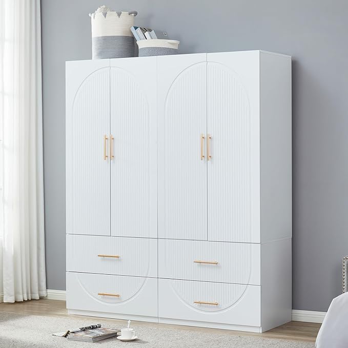 Wooden Armoire Wardrobe Closet：Large Wardrobe Closet with 2 Doors, 2 Drawers for Tall Cabinet, Wardrobe Cabinet for Bedroom with Hanging Rods, Golden Handle, White