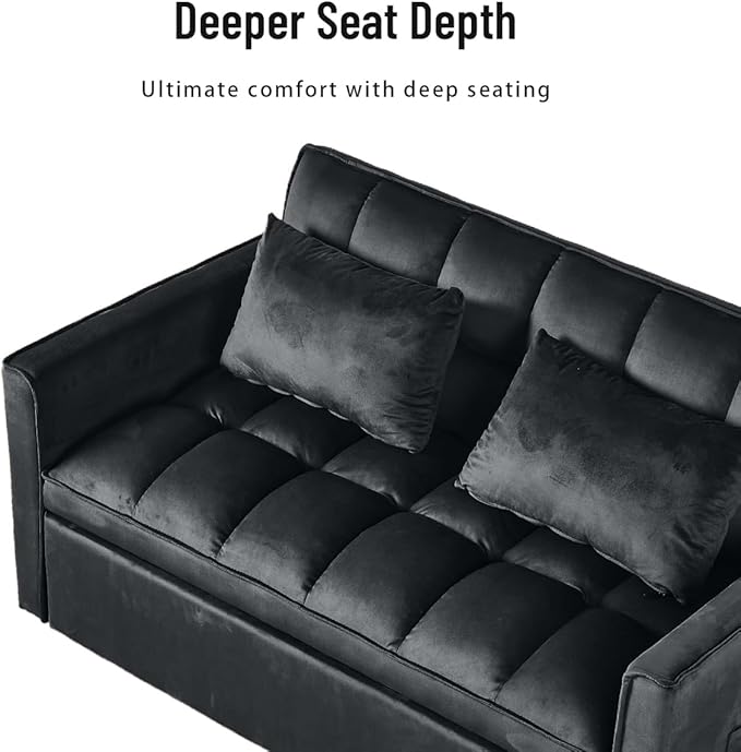 Pull Out Couch, Velvet Fabric Loveseat Sleeper Couch, 3 in 1 Corduroy Futon Sofa Bed with Side Pockets, Sleeper Sofa Bed with Adjustable Backrest for Living Room, Black