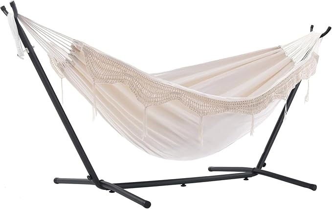 Vivere Double Cotton Hammock with Space Saving Steel Stand, Upgraded Polyester End Strings 450 lb Capacity - Premium Carry Bag Included - USA Grown Cotton (Natural) by Vivere
