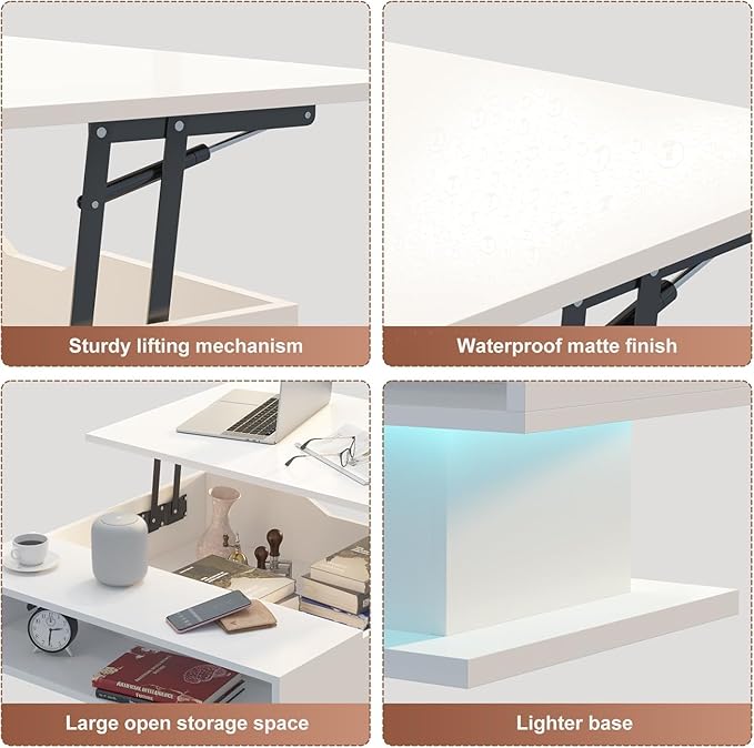 30.7" Lift Top Coffee Table with Storage, Square White Led Coffee Table with Large Hidden Storage, Wood Living Room Table Led Center Table for Dining Reception Room