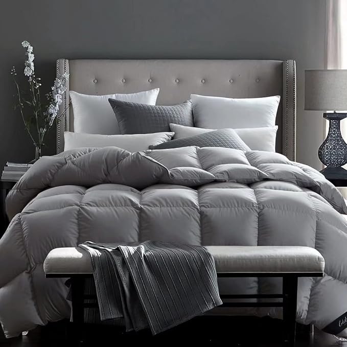 Globon Fusion White Goose Down Comforter Queen Size, Heavy Weight Duvet Insert for Winter 50 Ounce, All Cotton Shell,with Corner Tabs, Winter, Grey