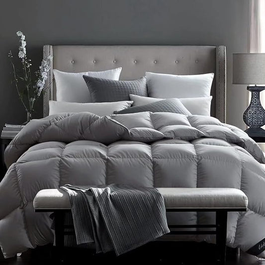 Globon Fusion White Goose Down Comforter Queen Size, Heavy Weight Duvet Insert for Winter 50 Ounce, All Cotton Shell,with Corner Tabs, Winter, Grey
