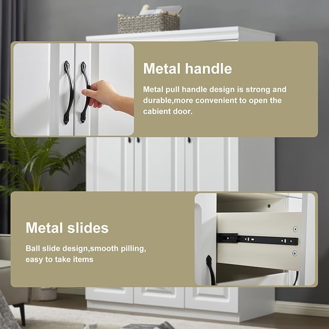 GraceGrove Armoire Wardrobe Closet with 3 Door Armoires and Wardrobes with 2 Drawers Tall Cabinet for Large Capacity, Closet Wardrobe Cabinet with Hanging Rail and Metal Handle for Bedroom White