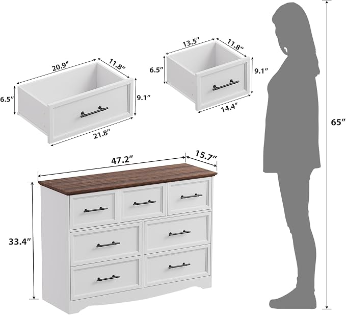 White Dresser for Bedroom, Modern 7 Chest of Drawers, 47" Wide Chest of Drawers w/Brushed Metal Handle, Wood Closet Organizers and Storage Cabinet for Bedroom, Living Room, Hallway - Image 2
