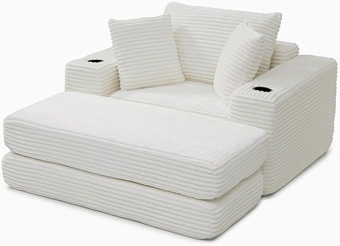 Eafurn 52.4" Oversized Chaise Lounge Indoor with Foldable Ottoman Convertible Boneless Sleeper Sofa Bed, Deep Seat Lounge Chair with Cup Holder & Side Pocket, No Assembly for Living Room | Breathable material, Cupholders