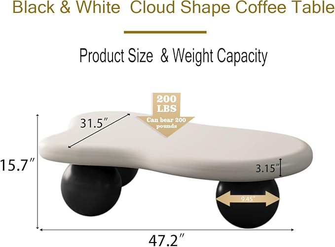 47.2” Cloud Coffee Table with 3 Ball Legs, Modern Irregular Center Table for Living Room, Low Cute Small MDF Tea Table for Bedroom, Space Apartment-White Black