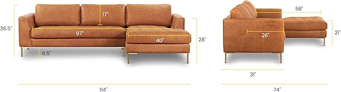Poly & BARK Calle Right-Facing Sectional in Full-Grain Pure-Aniline Italian Tanned Leather in Cognac Tan and Brass Legs