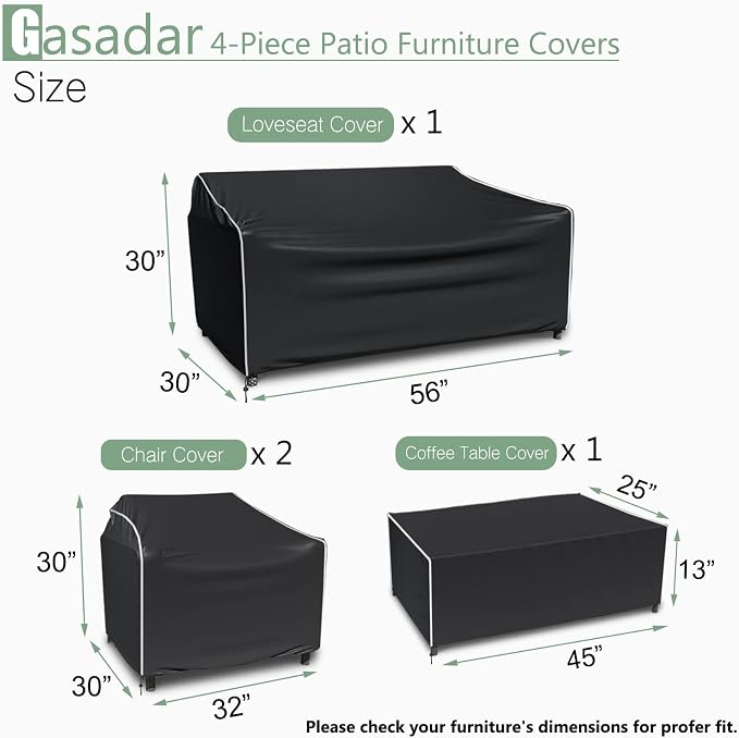 Gasadar Outdoor Furniture Cover Waterproof, 4 Piece Patio Furniture Covers for Patio Loveseat, Chair and Coffee Table, Heavy Duty 600D, Black - Image 2