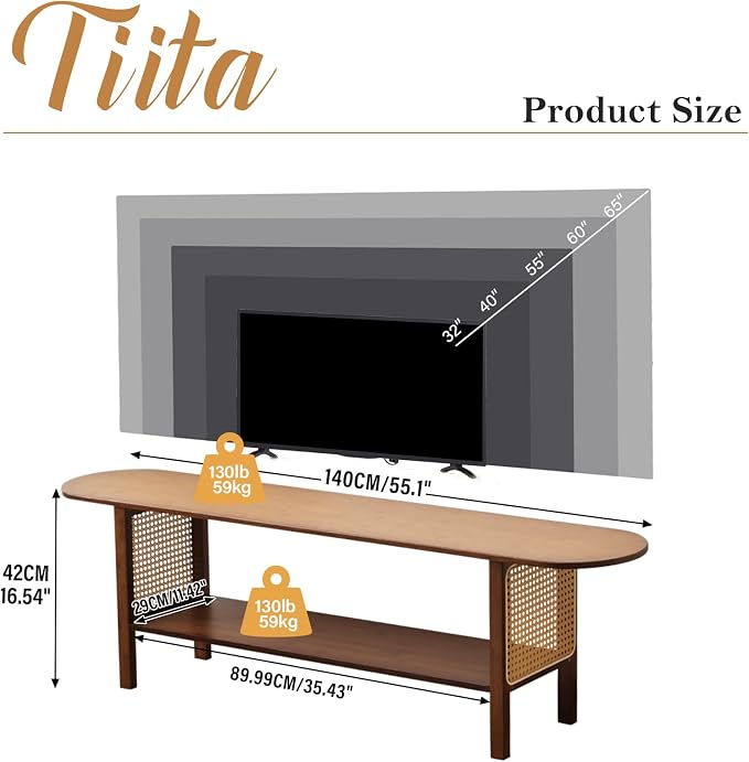 Tiita TV Stand with Storage for TVs up to 65'', Bamboo TV Console Entertainment Center with 2 Open Shelf, Mid Century Modern Media Console for Living Room, Bedroom, Walnut - Image 2