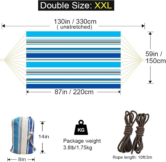 GOCAN Double Hammock 2 Person Extra Large 330X150cm Load Capacity 600Pound Canvas Cotton Hammock for Patio Porch Garden Backyard Lounging Outdoor and Indoor XXL - Image 3