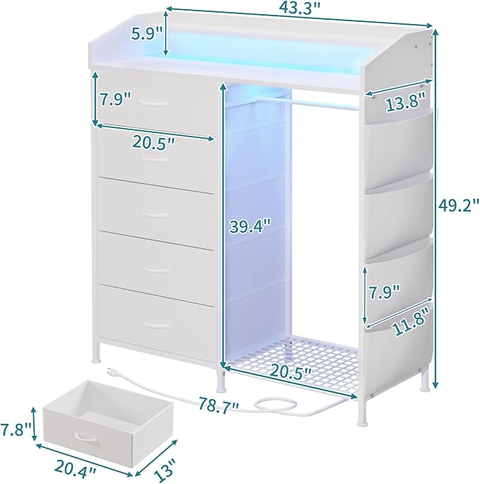 LUMTOK Modern 5 Dresser with LED Hanging Rack, Dresser with Clothes Rack, Hanger Rack, and Storage Drawers, Drawer Dressers with Coat Racks for Bedroom Living Room, Entryway, Closets (White) - Image 2