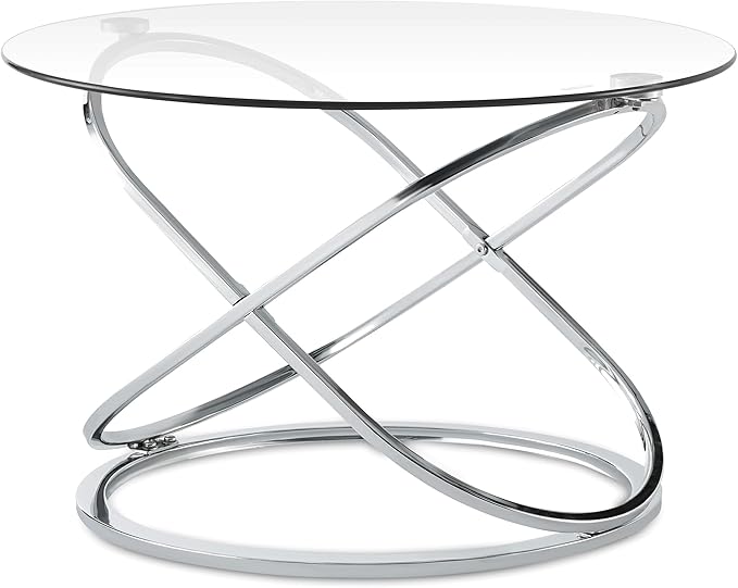 Modern Silver Round Glass Coffee Table – 26.7” Tempered Glass Top & Luxe Chrome Cross-Leg Base – Stylish Accent Table for Living Room, Apartment or Condo – Easy Setup – Space-Saving & Statement-Making