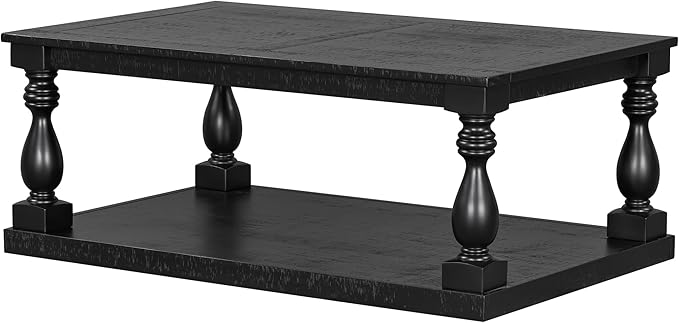 P PURLOVE Solid Wood Coffee Table,Modern Farmhouse Coffee Table/Center Table with Storage Rectangle for Living Room,Black