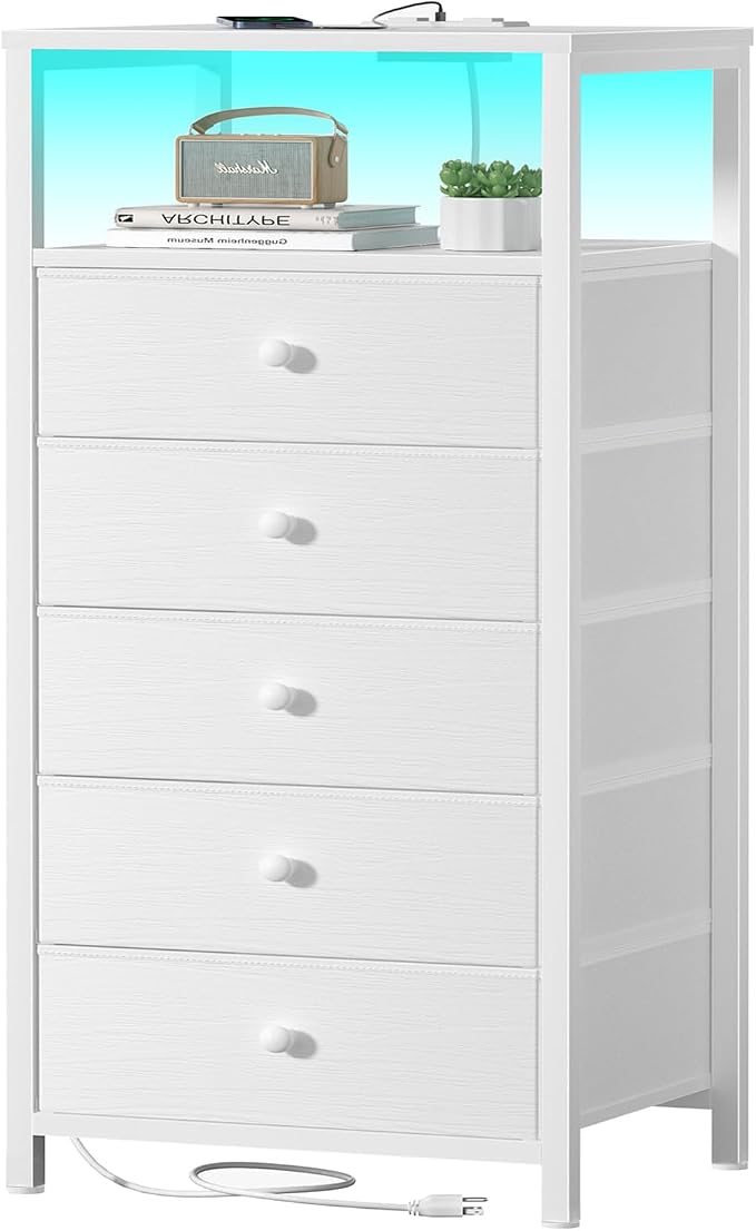 BOLUO White Dresser with 5 Drawers Tall Nightstand with Charging Station and LED Light, Bedside Table Room Storage Drawers Closet by BOLUO