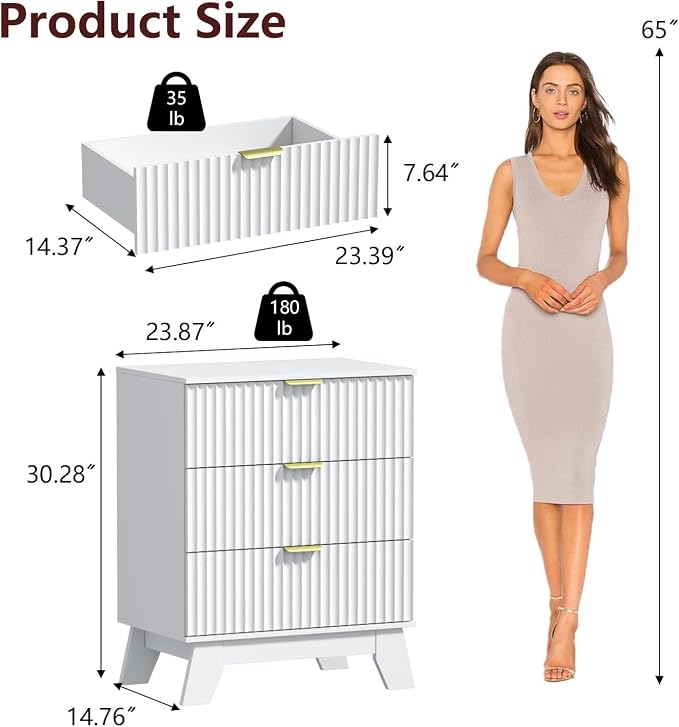 Nightstand with 3 Large Drawers,24" Wide End Table with Curved Metal Handles,Fluted Wood Small Dresser,Bedside Table,Modern Chest of Drawers for Bedroom,Living Room, White - Image 2