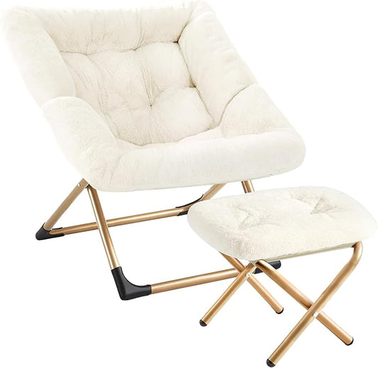 Youtanic Comfy Oversized Saucer Chair with Ottoman,Soft Faux Fur Reading Lounge Chair for Adults,Stable X-Large Metal Frame and Non-Slip Pad,Cozy Chair for Bedroom, Living Room, Dorm, Office, Beige