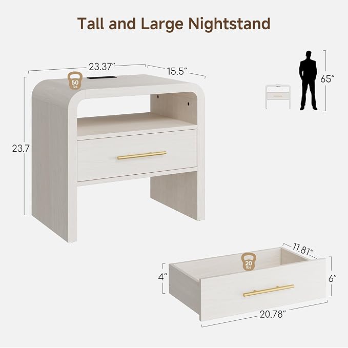 Fatmok Nightstand with Charging Station Set of 2, 24" Wooden Bedside Table with Drawer and Open Storage, Curved Profile Design End Table with 3-Color LED Light & Metal Handle for Bedroom(Cream White) - Image 2