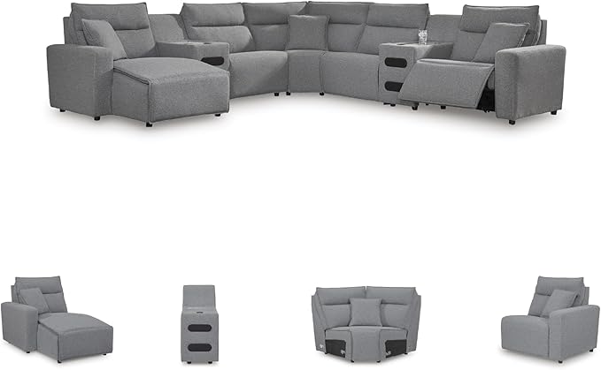 Signature Design by Ashley Modern ModMax II Stain Resistant U-Shape Right-Arm Facing 7-Piece Power Reclining Sectional with Chaise and Adjustable Headrest, Gray