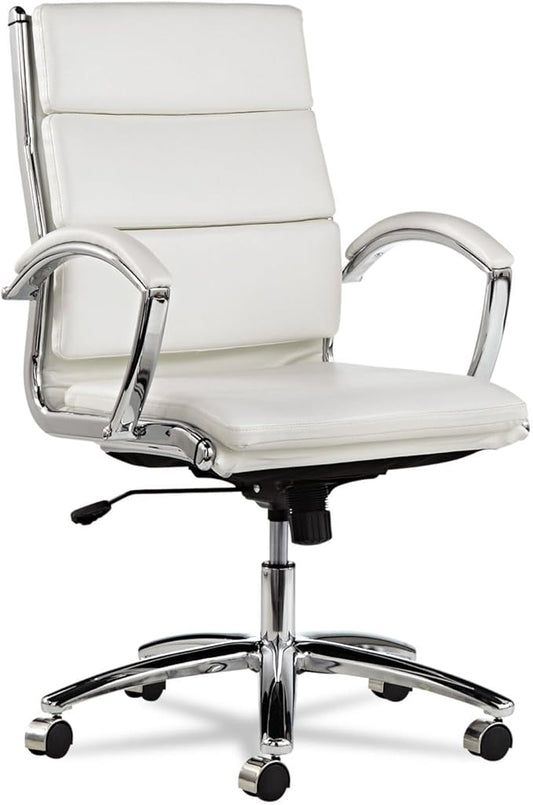 Alera Neratoli Mid-Back Swivel/Tilt Chair, White Faux Leather, Chrome Frame