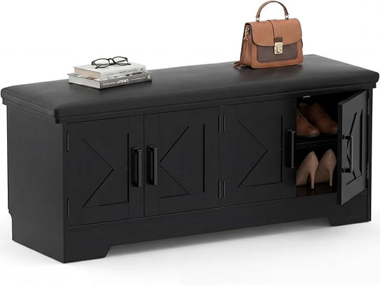 Farmhouse Shoe Storage Bench with Cushion - 43.3" Entryway Bench with Storage & 4 Barn Doors, 2-Tier Wooden Shoe Rack Bench, Hidden Shoe Cabinet & Mudroom Bench for Bedroom Hallway Living Room, Black by Armocity