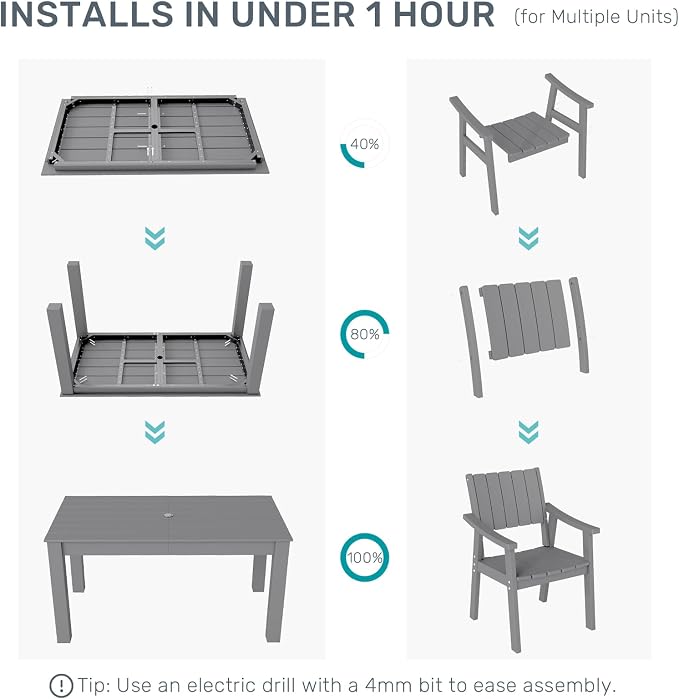 ZHUSI Patio Table and Chairs Set,HDPE Outdoor Dining Set with Umbrella Hole for Backyard, Poolside, Porch,All Weather,Grey - Image 8